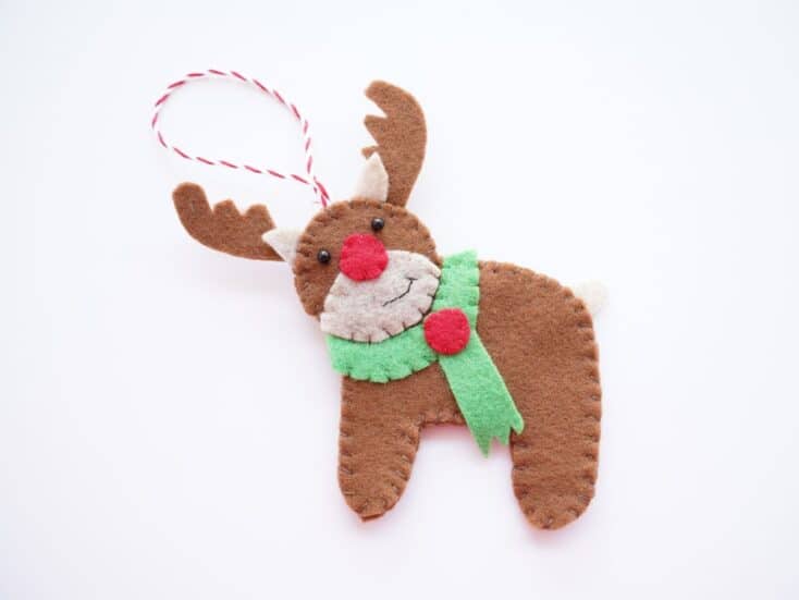 finished handmade felt reindeer ornament with white background