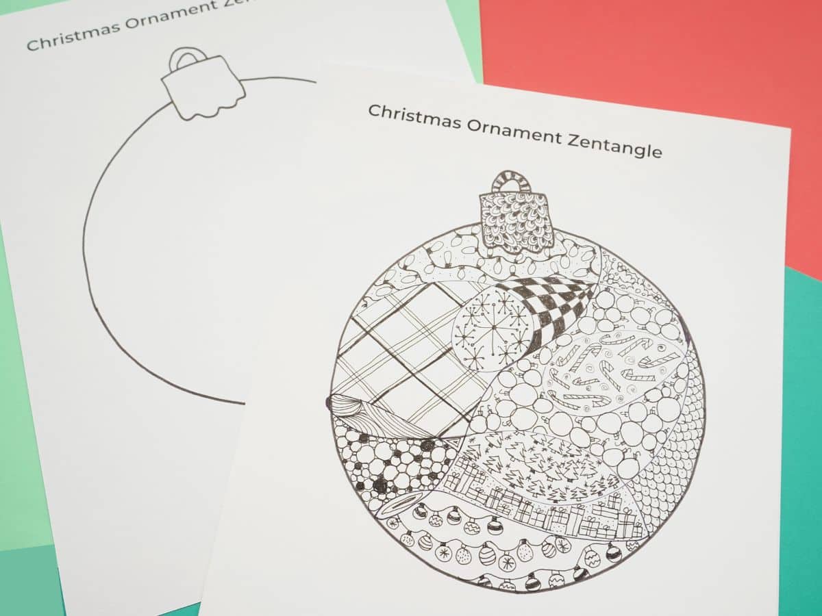 print out of christmas zentangle ornament printable blank and completed