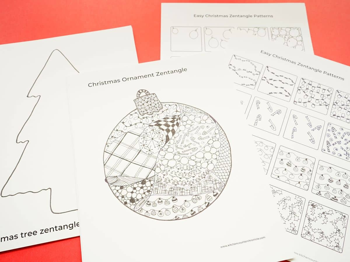 print out of christmas zentangle patterns and completed christmas zentangle ornament on paper and blank christmas tree