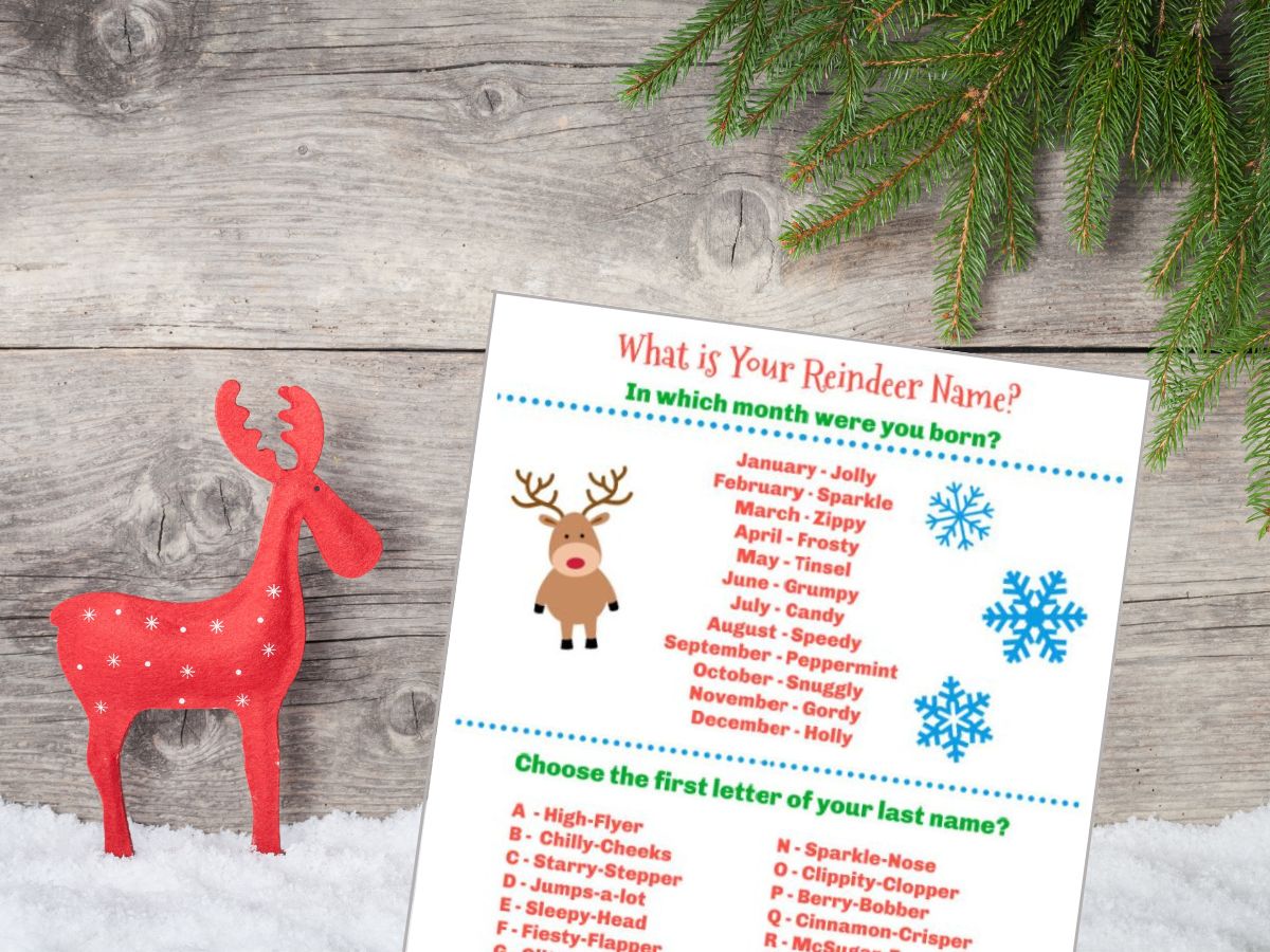 print out of what's your reindeer name game with little red reindeer and wooden background