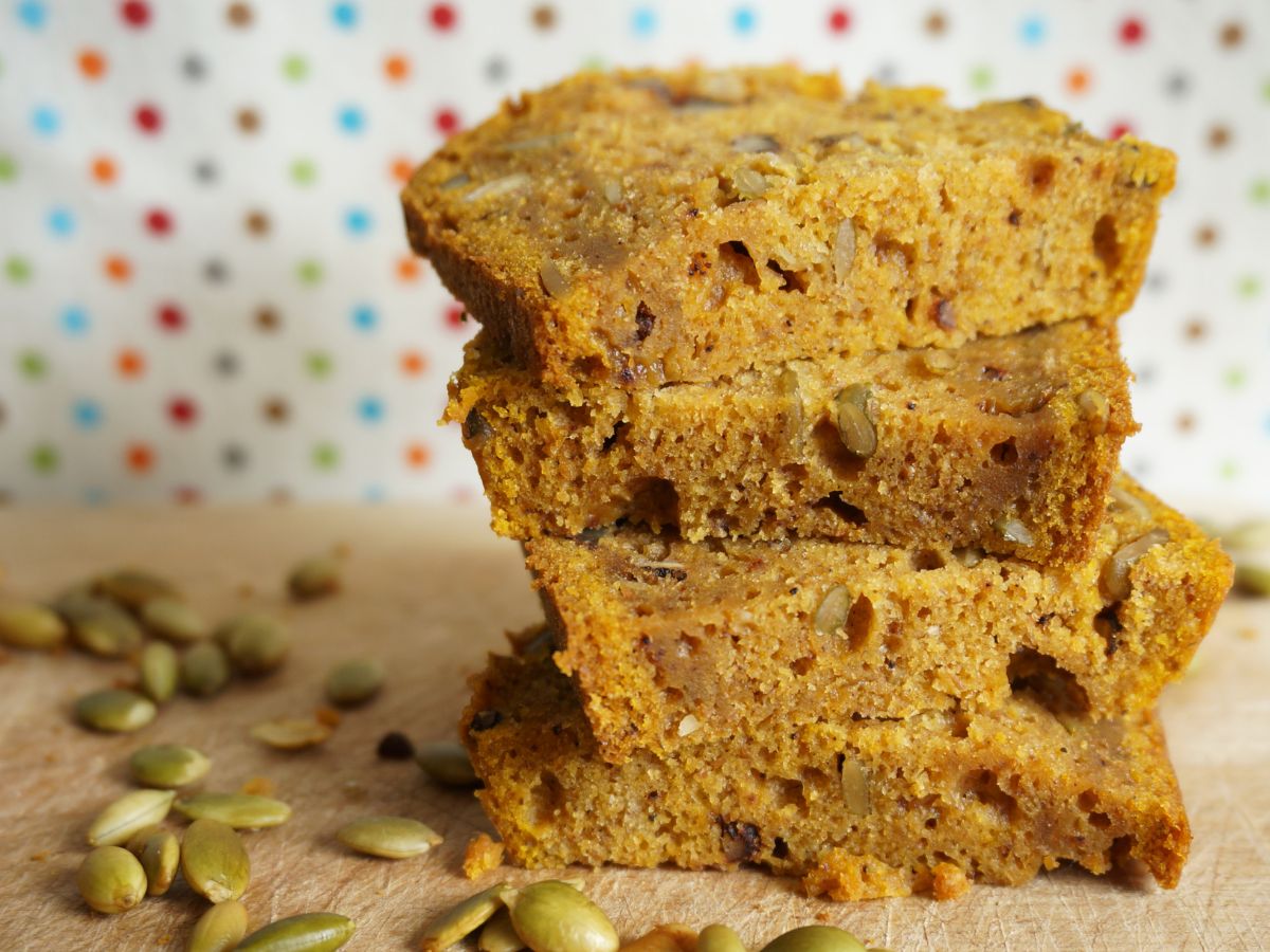 pumpkin pecan loaf close up of slices stacked up