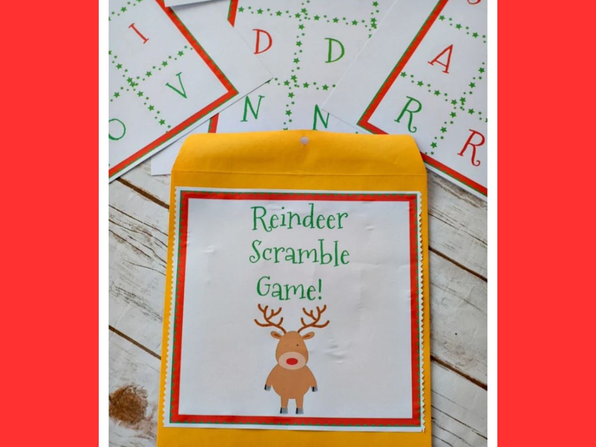 reindeer scramble game pieces with envelope for the letters