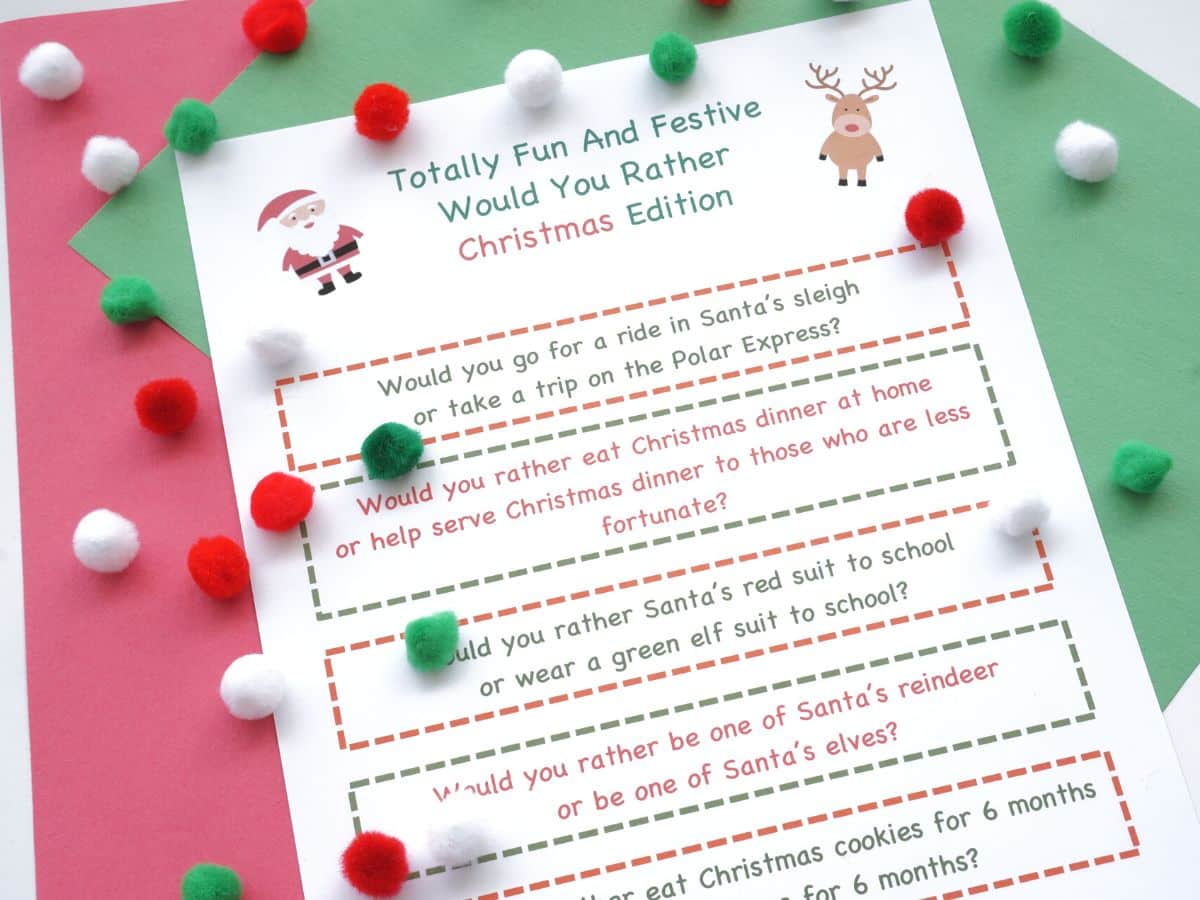 would you rather christmas questions for kids printable surrounded by little pompoms