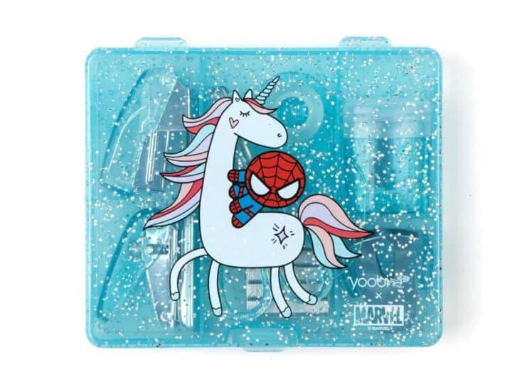 blue, glittery school supply box with spiderman riding a unicorn on it