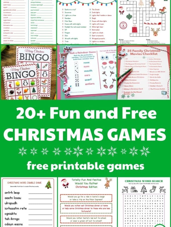 collage of Christmas games - christmas bingo, scavenger hunts, word games and more. title "20+ Fun and Free Christmas Games for Families"