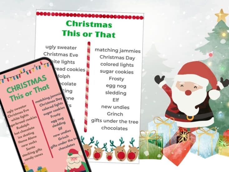 Christmas This or That questions printable and instagram template with santa background social