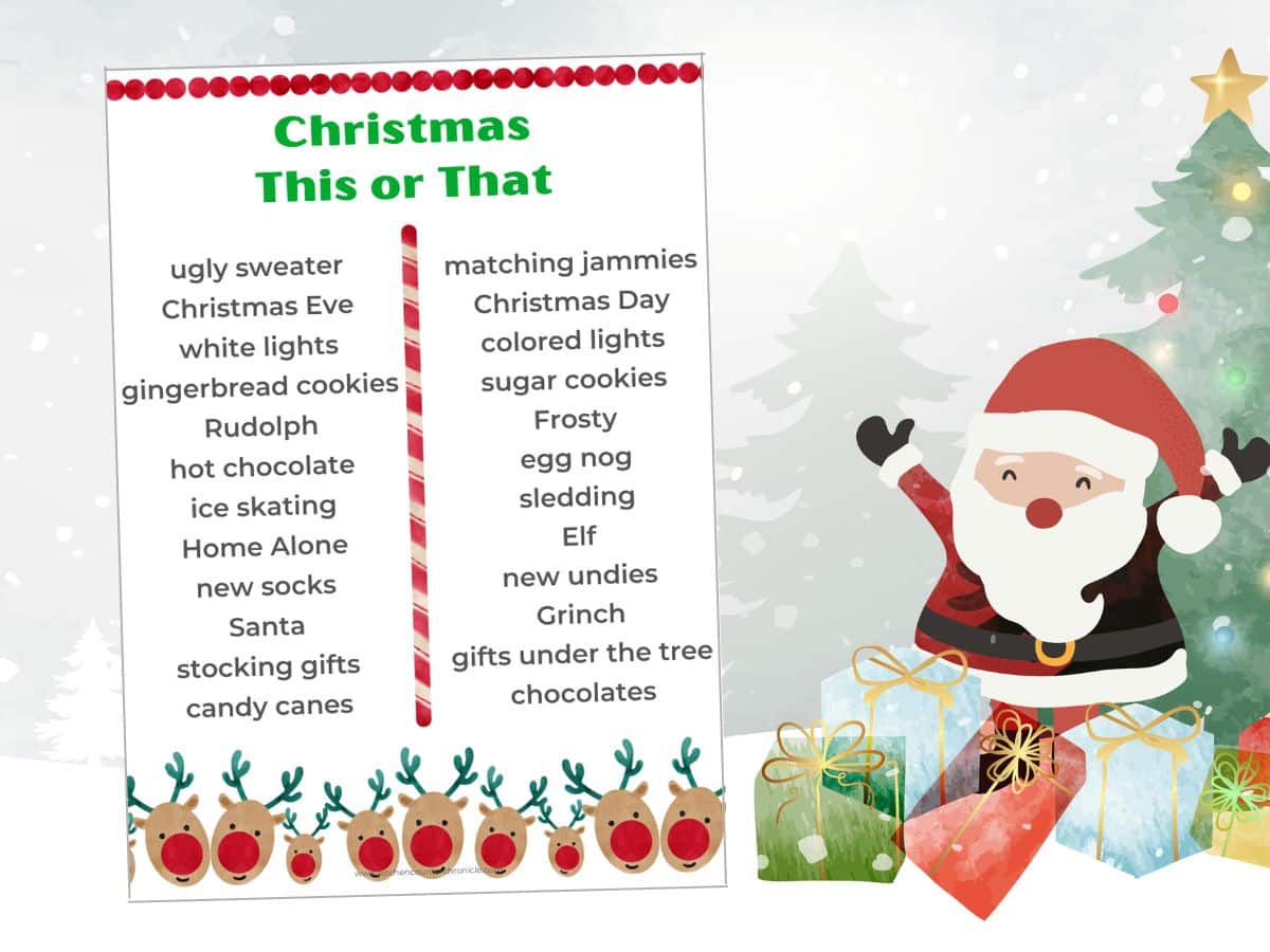 This or that christmas edition printable with santa in background and presents
