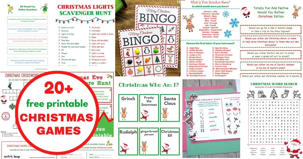 collage of 20 free printable christmas games for the whole family to play and title