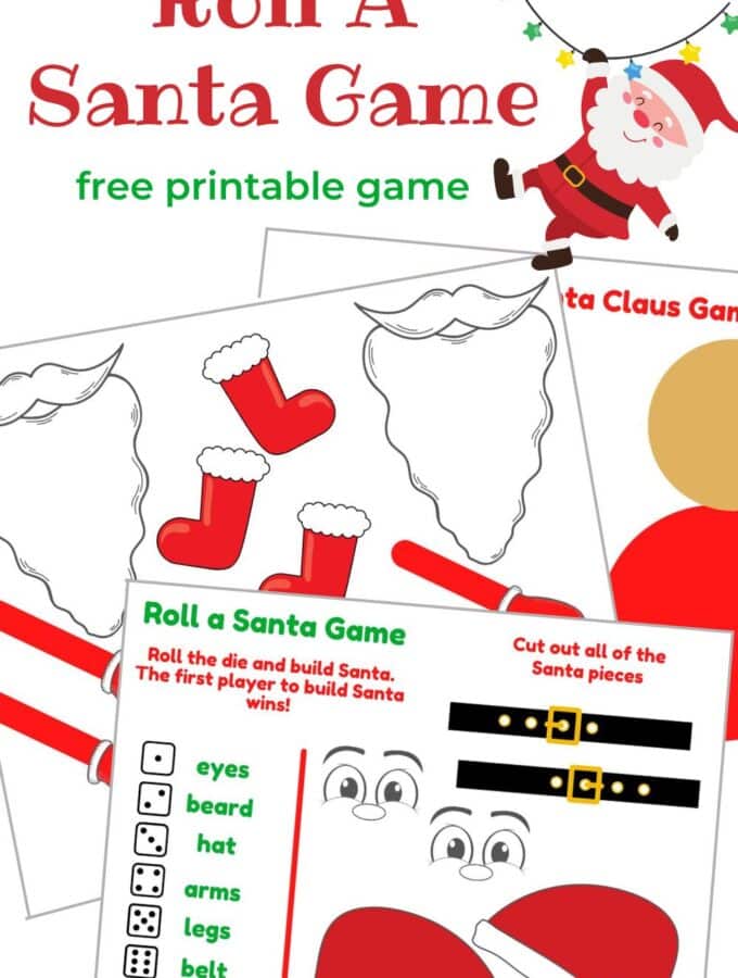3 pages of roll a santa printable game with title and Santa in the corner
