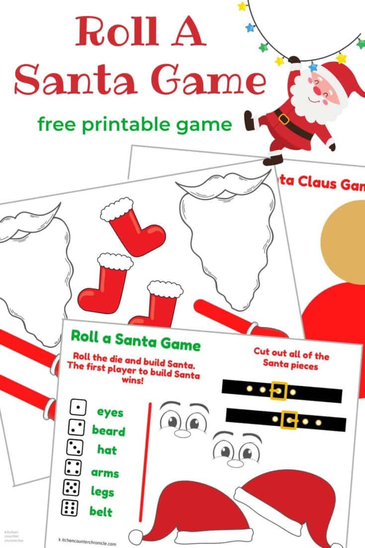 3 pages of roll a santa printable game with title and Santa in the corner