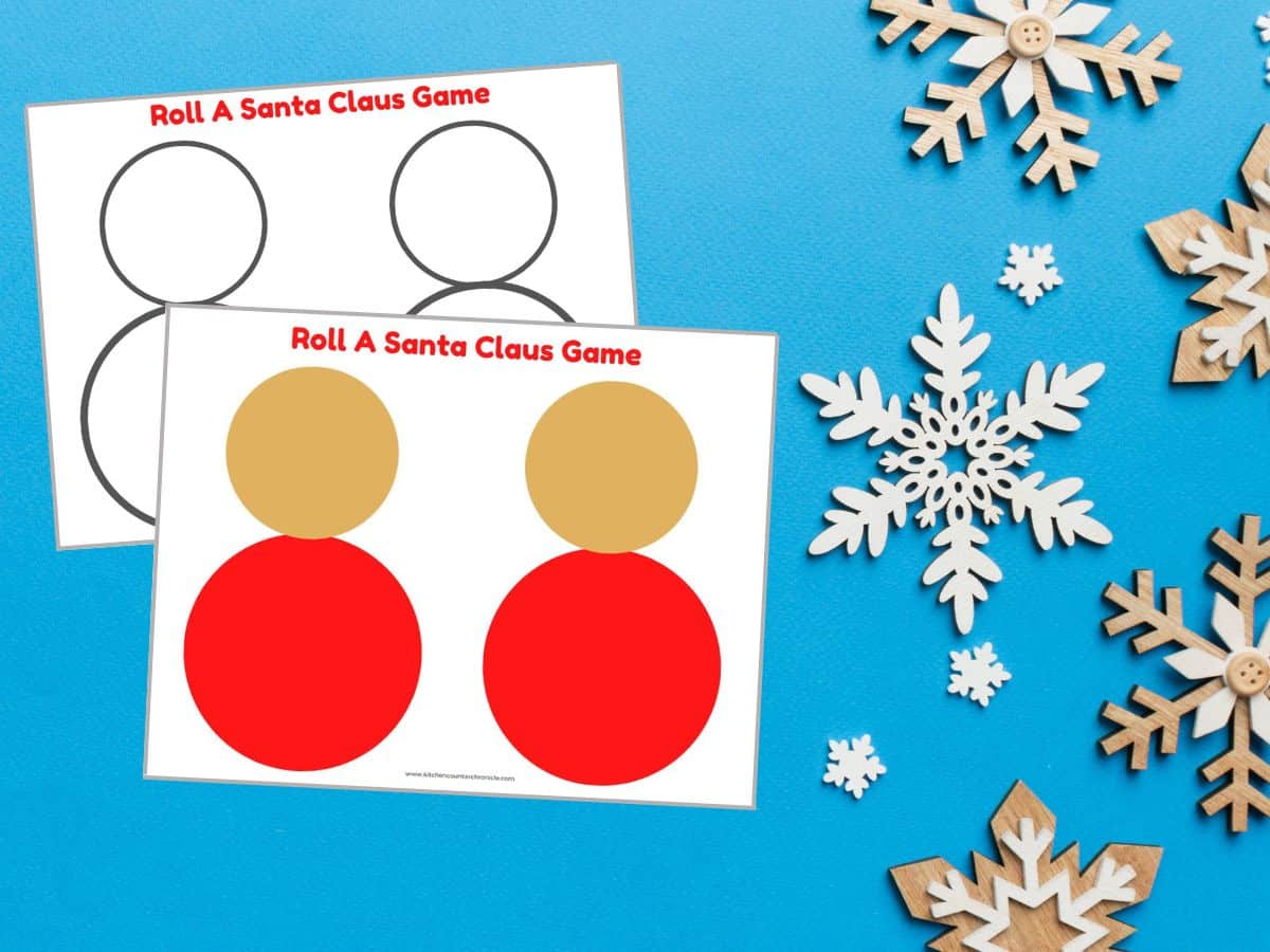 printable Santa bodies for roll a Santa Claus game on blue background surrounded by snowflakes