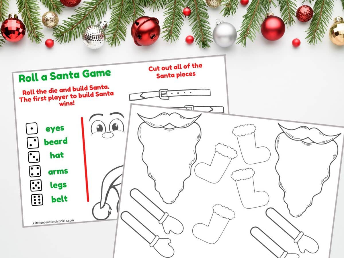 printable roll a Santa game black and white version to color on white background with red baubles