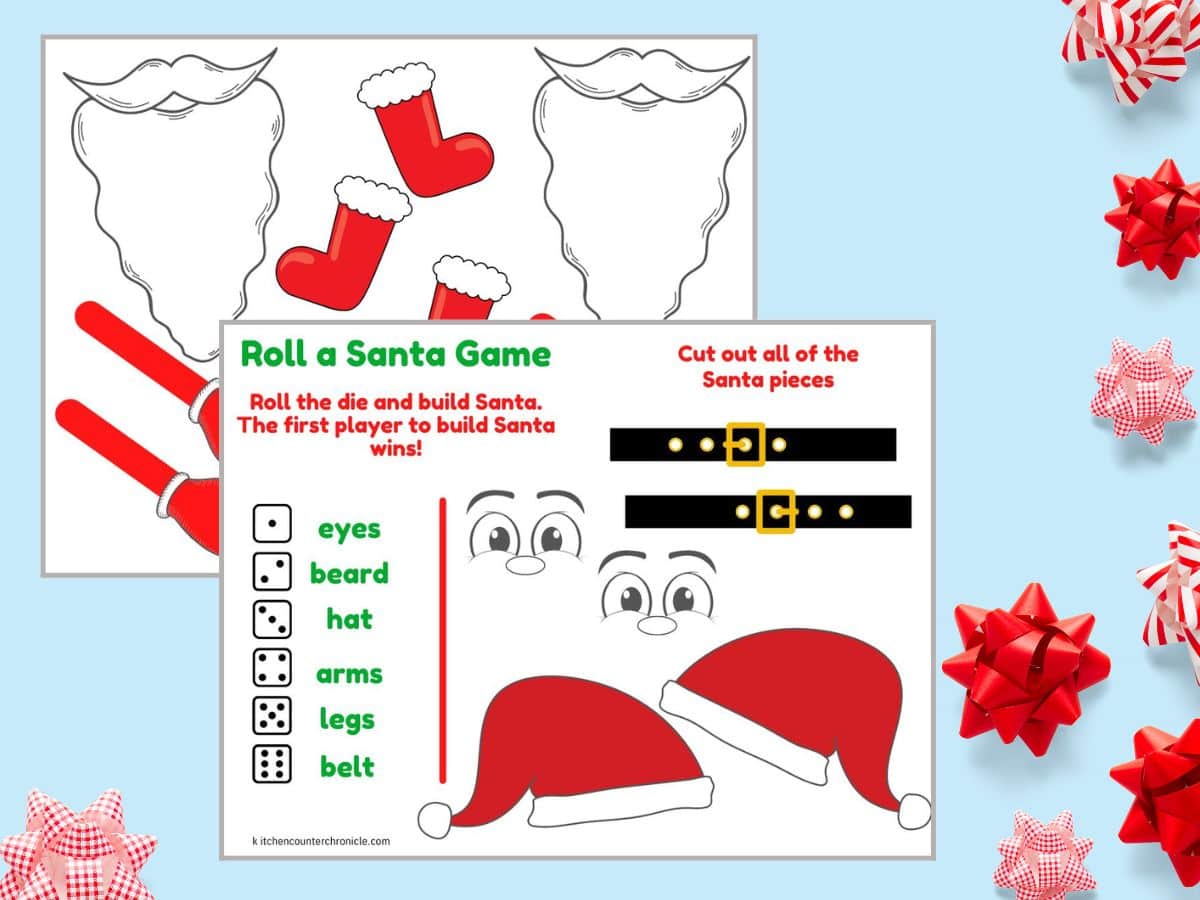 printable roll a Santa game in color with blue background with red bows