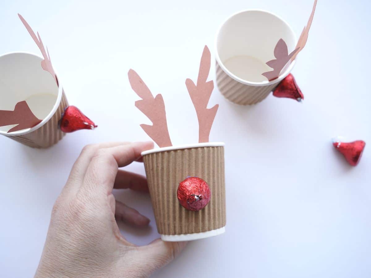 red chocolate kiss nose glued on rudolph paper cup craft