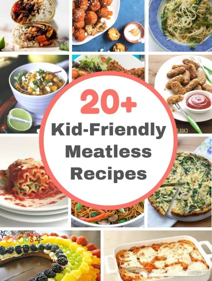 collage of images of kid-friendly meatless recipes with title