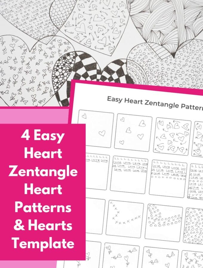 easy zentangle heart patterns and overlapping heart template filled with zentangle patterns with title "4 easy heart zentangle patterns and hearts template"