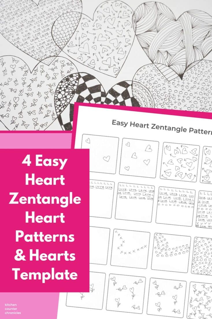 easy zentangle heart patterns and overlapping heart template filled with zentangle patterns with title "4 easy heart zentangle patterns and hearts template"