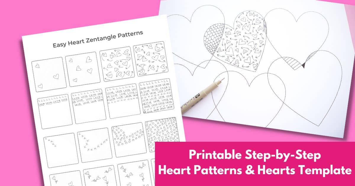 Printable step-by-step Heart zentangle Patterns & Hearts Template social