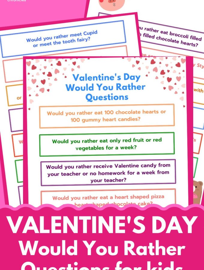 collage of valentine's day would you rather questions for kids and title in pink and white