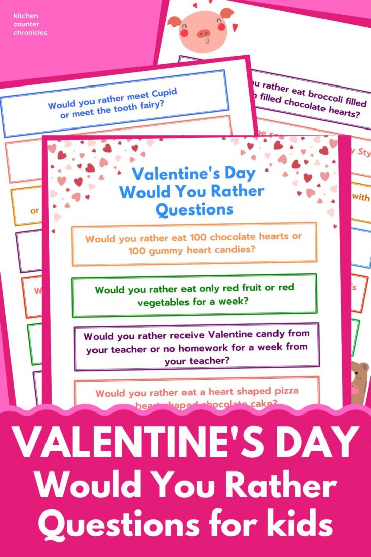 collage of valentine's day would you rather questions for kids and title in pink and white
