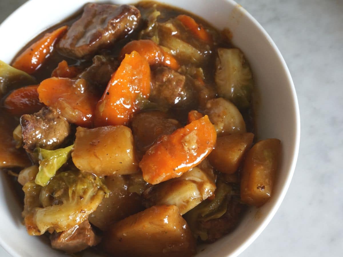 white bowl filled with delicious hearty beef stew