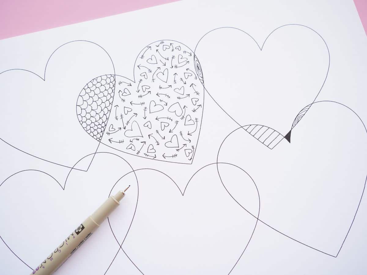 hearts and arrows zentangle pattern inside a heart