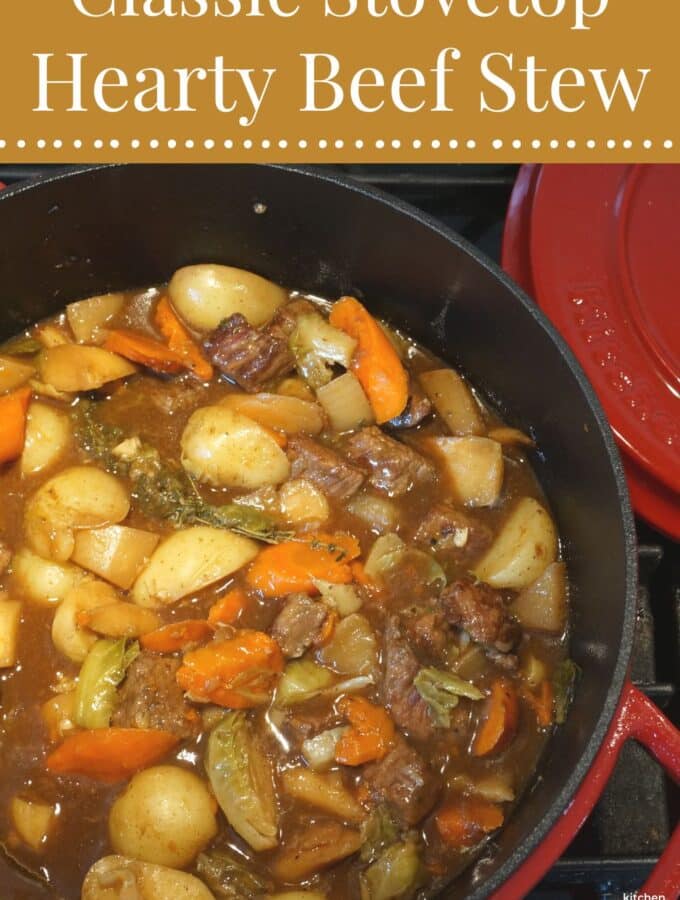 pot of beef stew and title hearty beef stew recipe