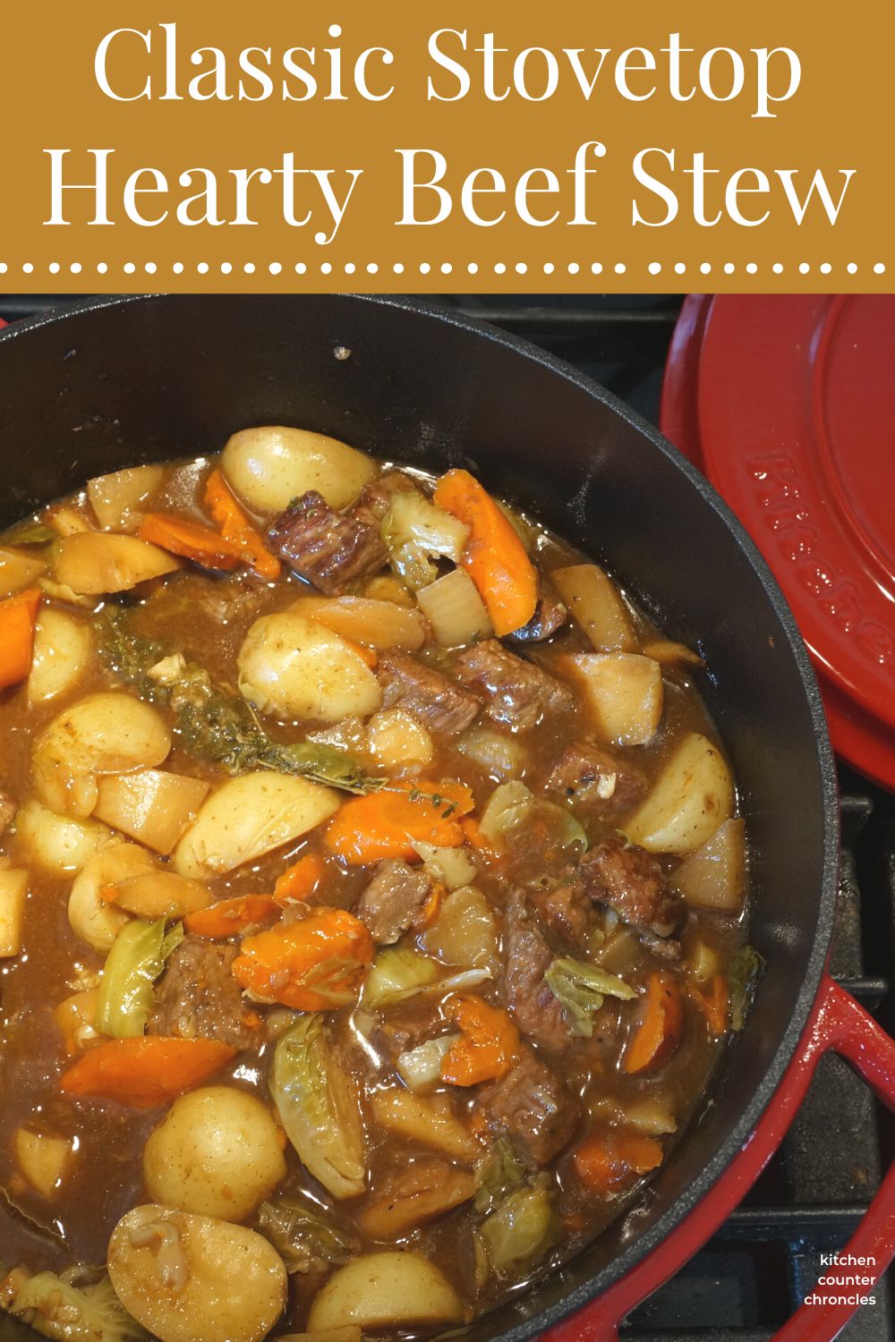 pot of beef stew with potatoes, brussel sprouts, carrots and parsnips with title