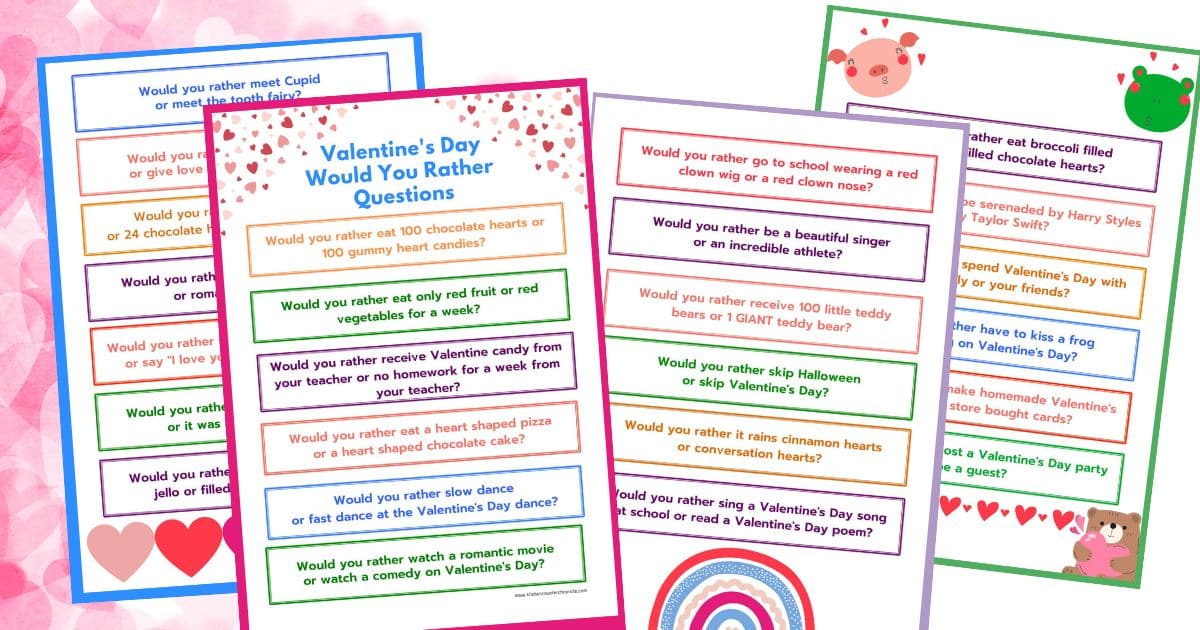 collage of 4 sheets of valentine's day would you rather questions for kids on white and pink background