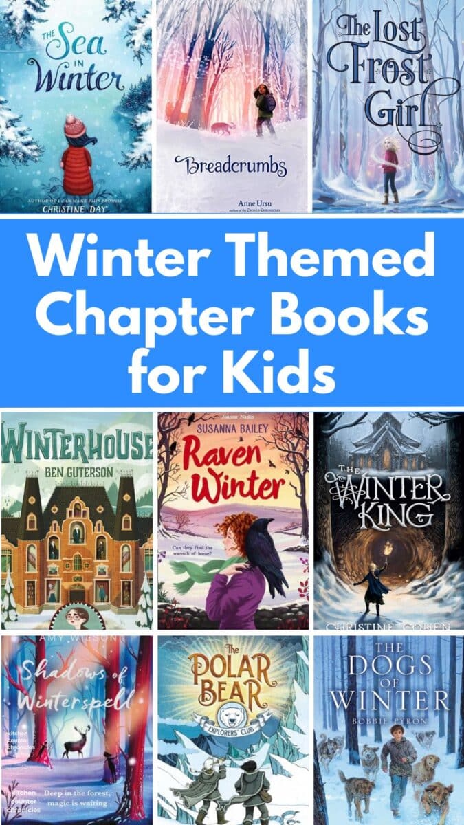 collage of book covers for winter chapter books for kids with title