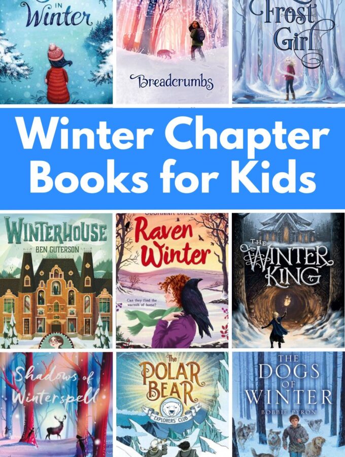 collage of book covers and title winter chapter books for kids