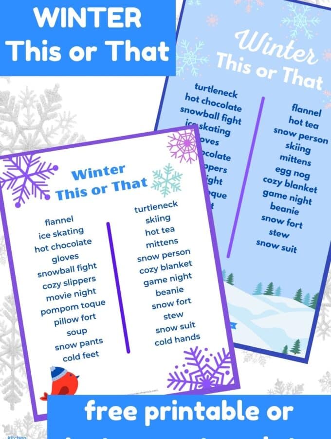 winter this or that instagram template and winter this or that printable overlapping each other with winter background. title "winter this or that"