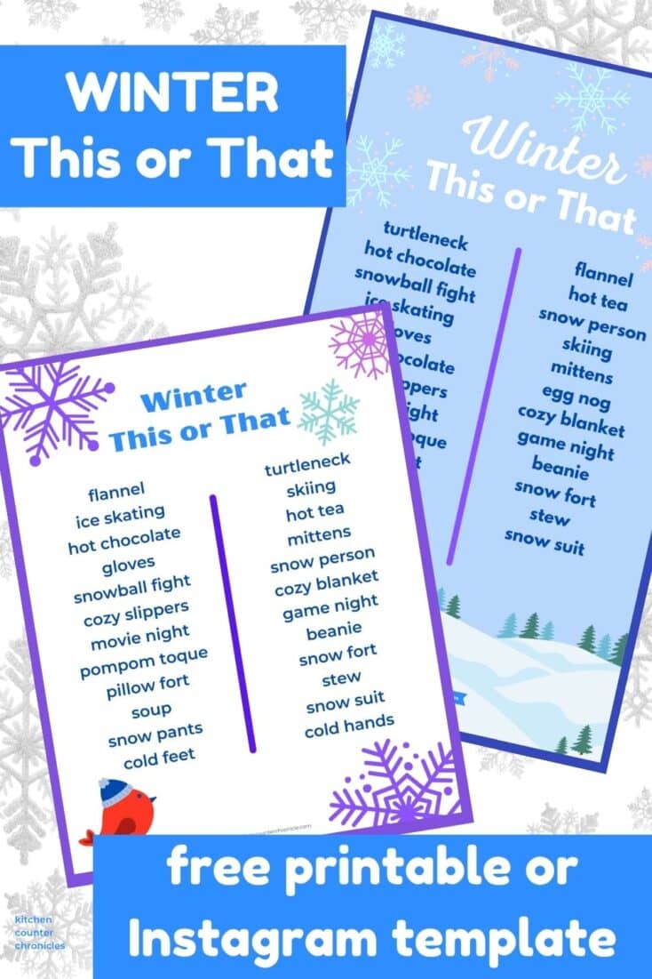 winter this or that instagram template and winter this or that printable overlapping each other with winter background. title "winter this or that"