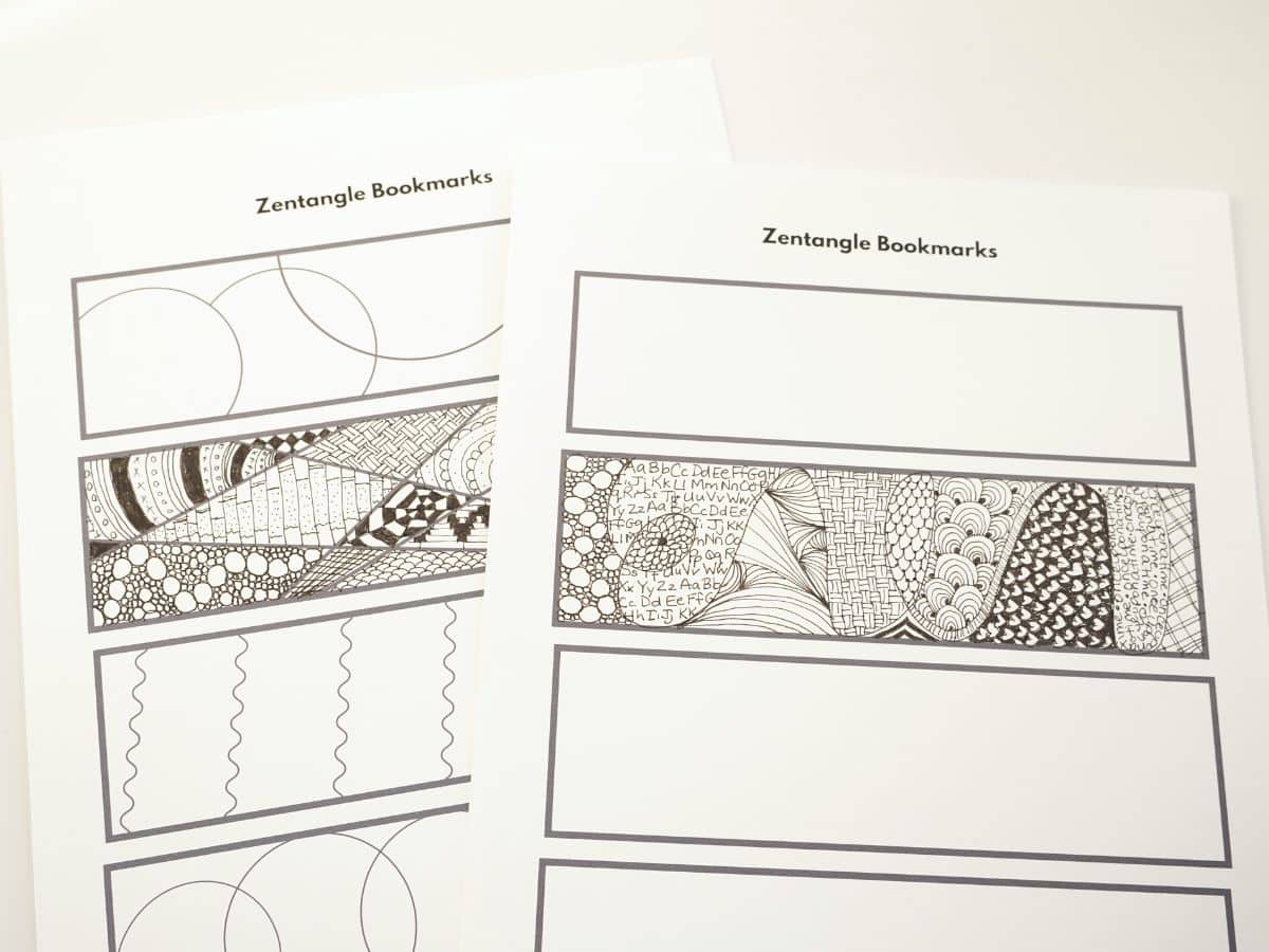 2 sets of zentangle bookmarks filled with doodle designs