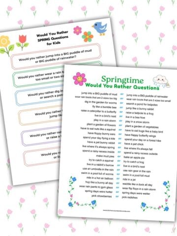 featured image with 2 sheets of would you rather springtime quiz questions