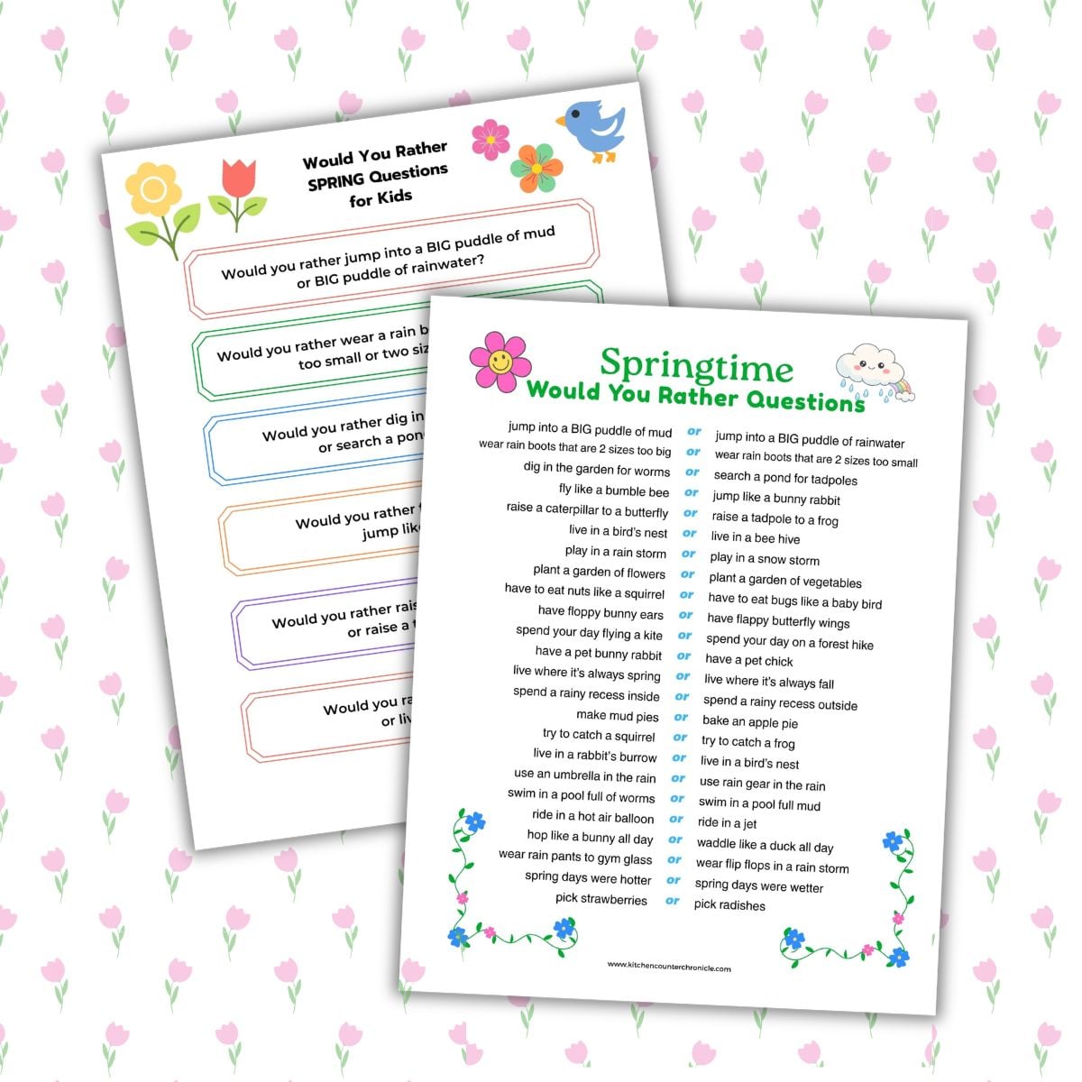 featured image with 2 sheets of would you rather springtime quiz questions