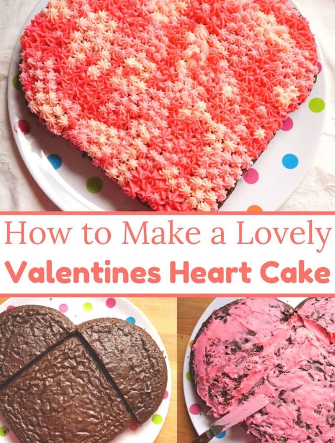 title "how to make a lovely valentines heart cake" image of heart shaped valentines day cake decorated with pink frosting flowers