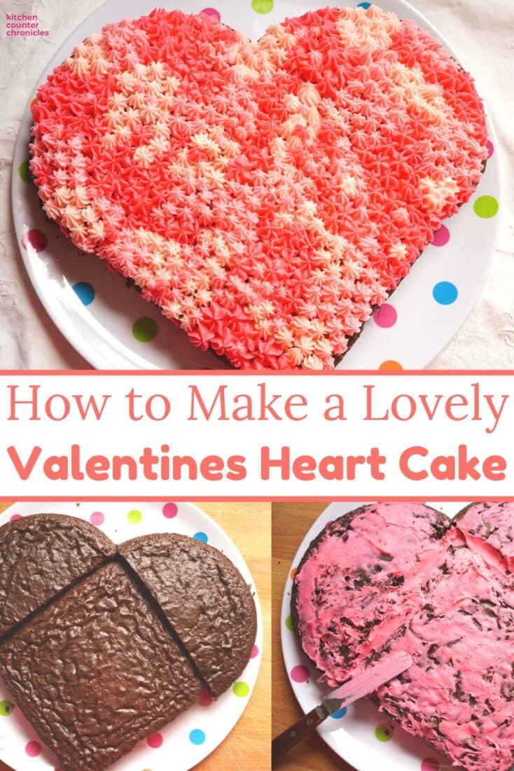 title "how to make a lovely valentines heart cake" image of heart shaped valentines day cake decorated with pink frosting flowers