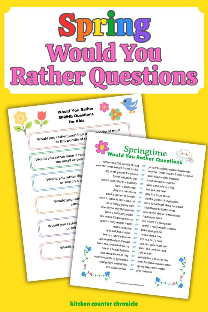 title springtime would you rather questions with printable questions and a yellow background new pin