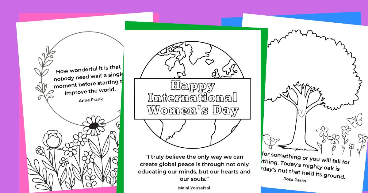 3 international women's history day coloring pages on purple background social image