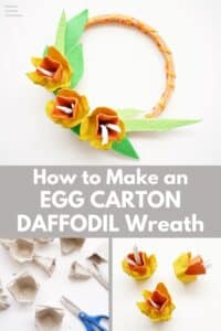 egg carton wreath with egg carton daffodils and picture of egg carton cut in pieces with title "How to Make an Egg Carton Daffodil Wreath"