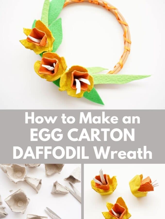 egg carton wreath with egg carton daffodils and picture of egg carton cut in pieces with title "How to Make an Egg Carton Daffodil Wreath"