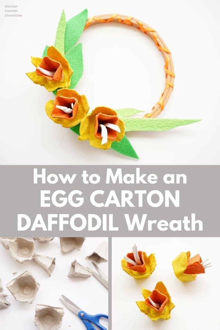 egg carton wreath with egg carton daffodils and picture of egg carton cut in pieces with title "How to Make an Egg Carton Daffodil Wreath"