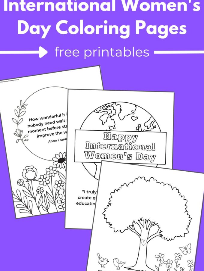 3 printable International Women's day coloring pages with title on purple background