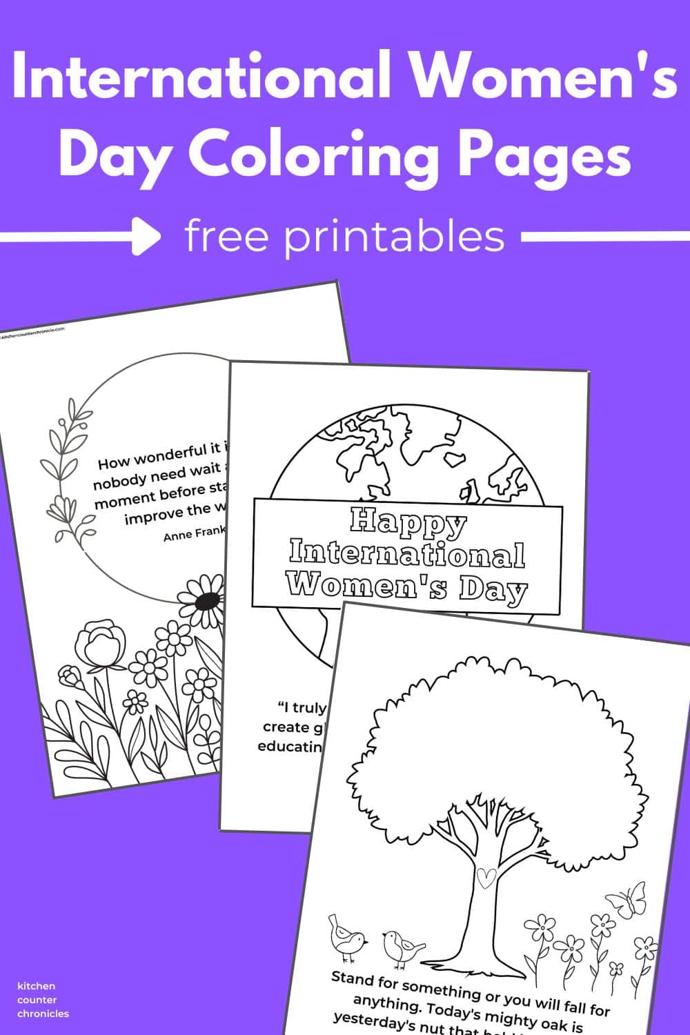 3 printed international women's day coloring pages with title on purple background
