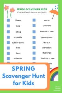 print out of spring scavenger hunt with title "spring scavenger hunt for kids" on green background