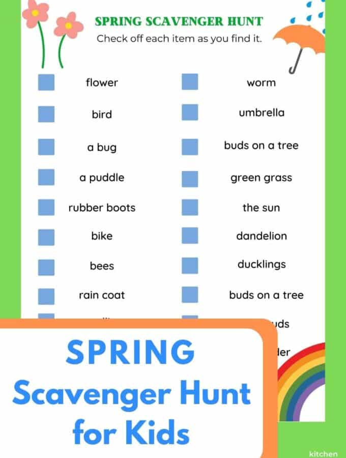 print out of spring scavenger hunt with title "spring scavenger hunt for kids" on green background