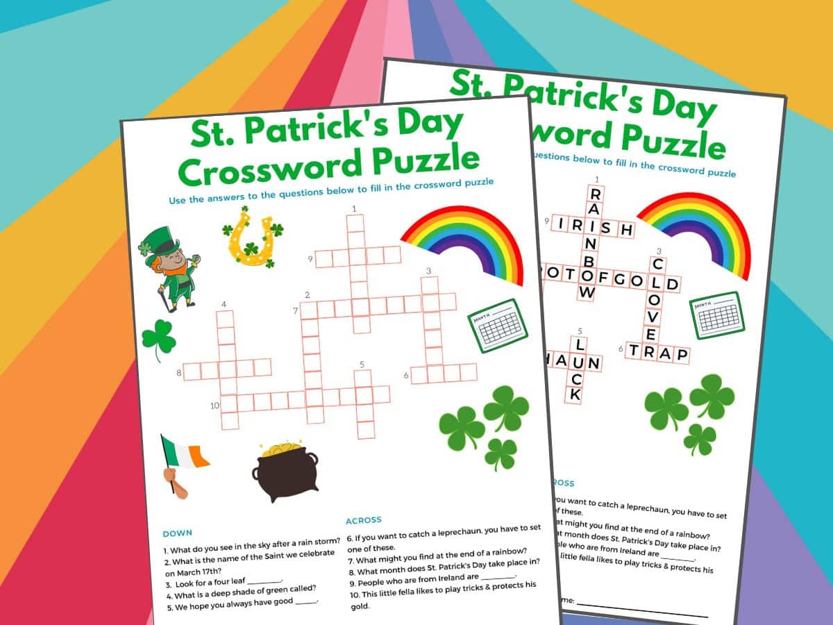 St Patrick's Day crossword puzzle and St. Patrick's Day crossword puzzle answers with rainbow background
