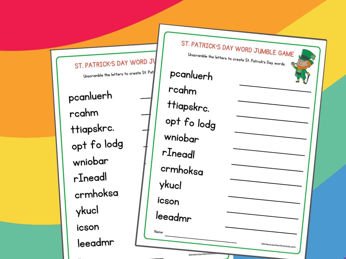 St. Patrick's Day word jumble printable game with st. Patrick's Day word jumble answers and a rainbow background