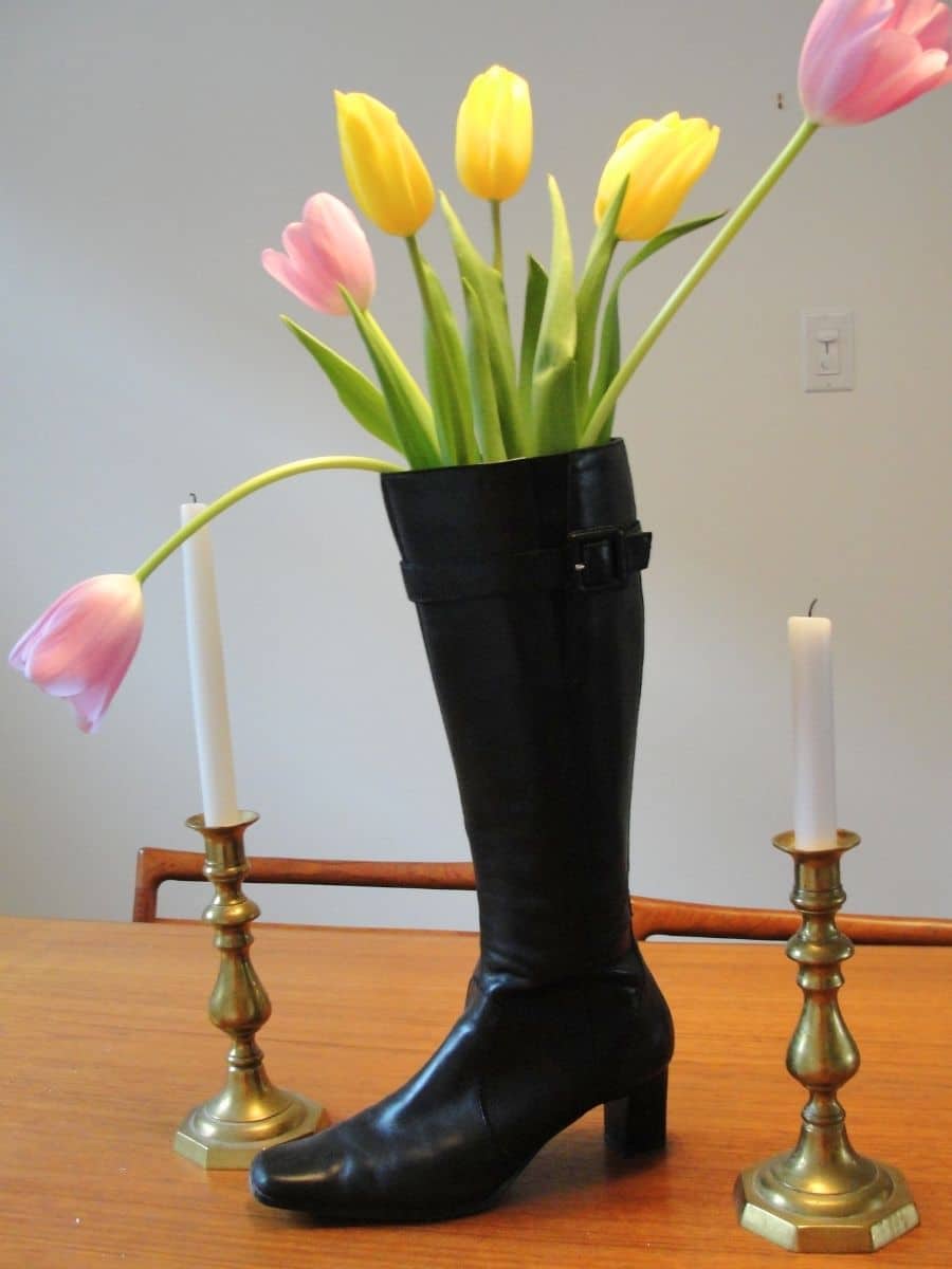 black boot filled with tulips on dining room table april fool's day joke for kids